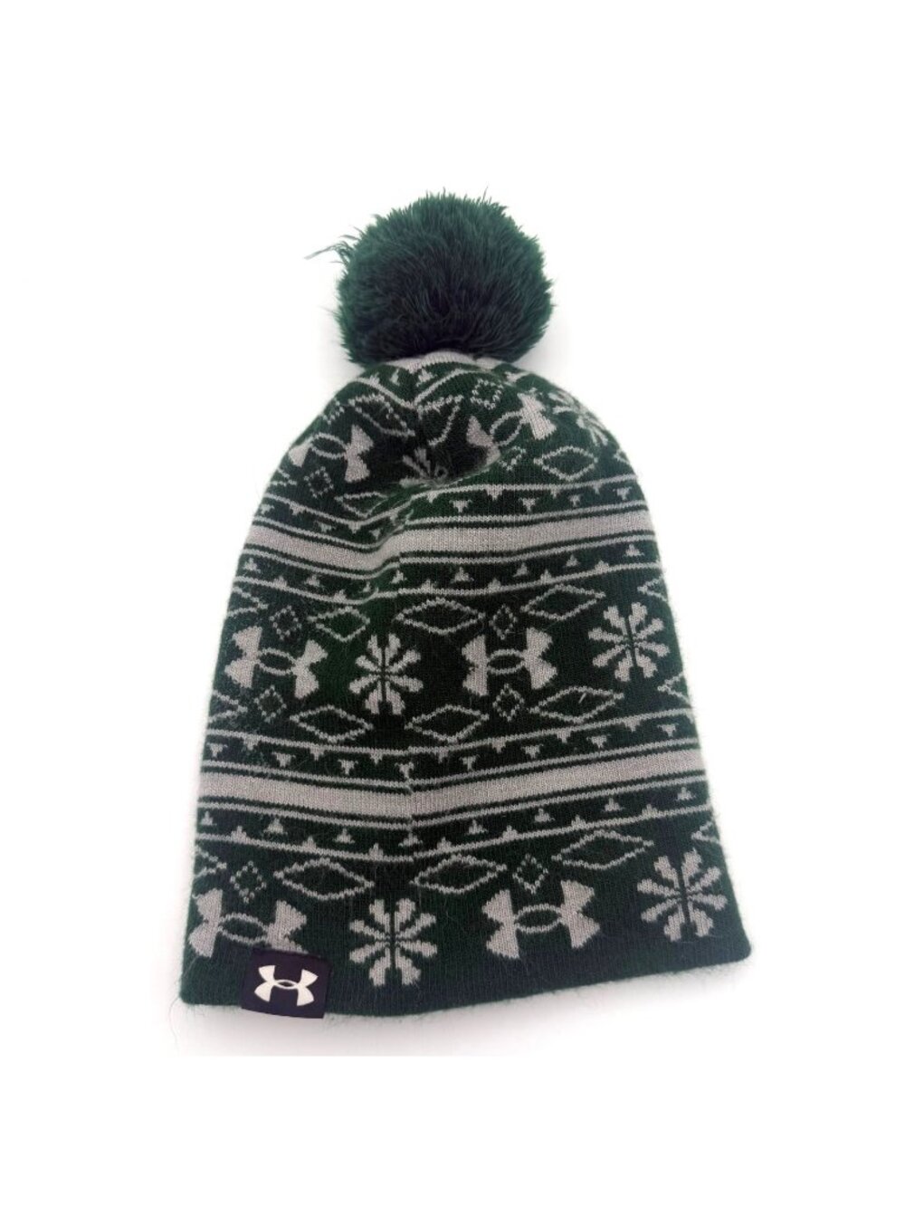 Under Armour Womens OSFA Green White Winter Beanie Hat Pom Pom Knit Cap